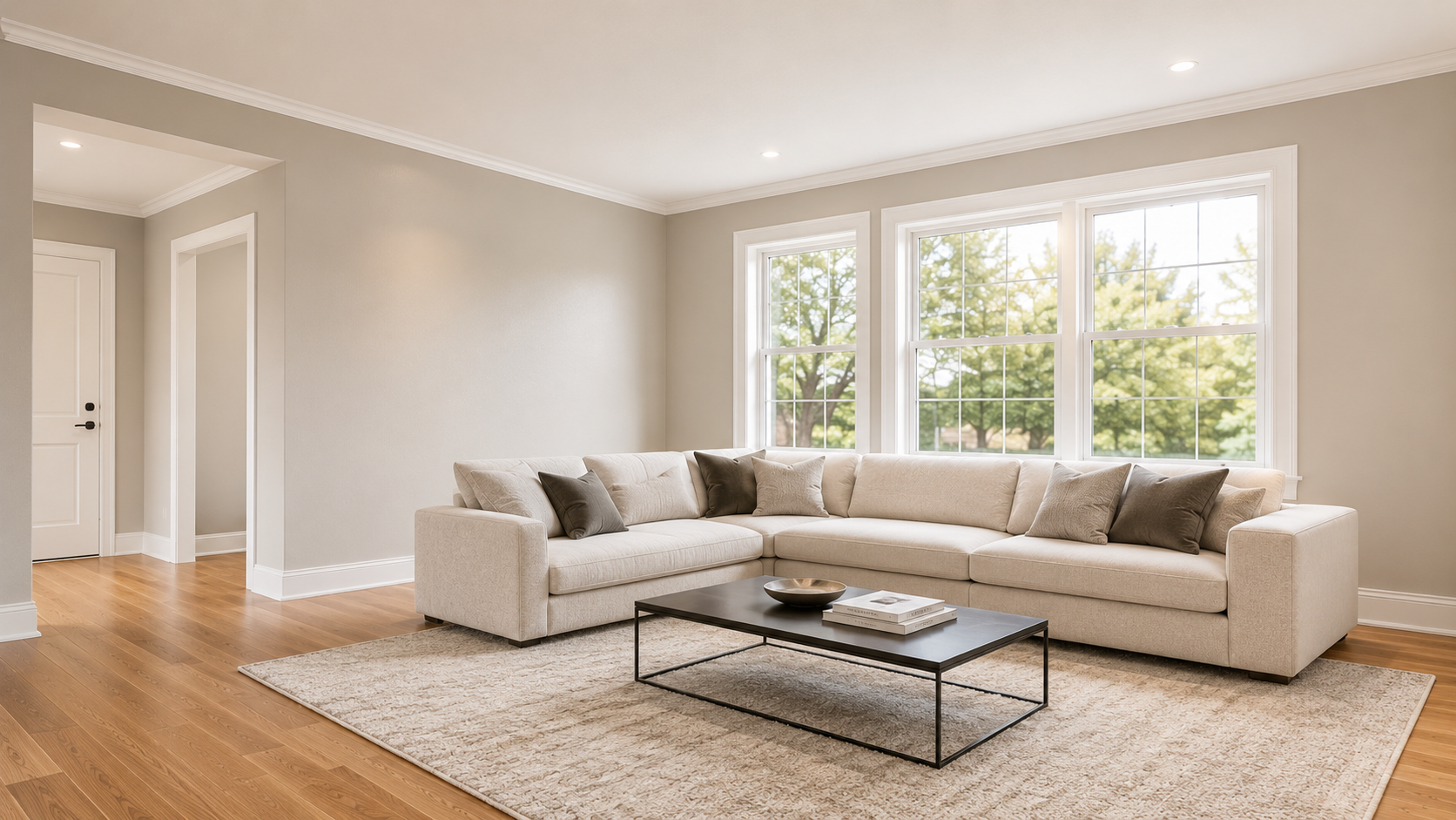 Different modern home with smooth repaired walls, clean white window trim and mature trees outside