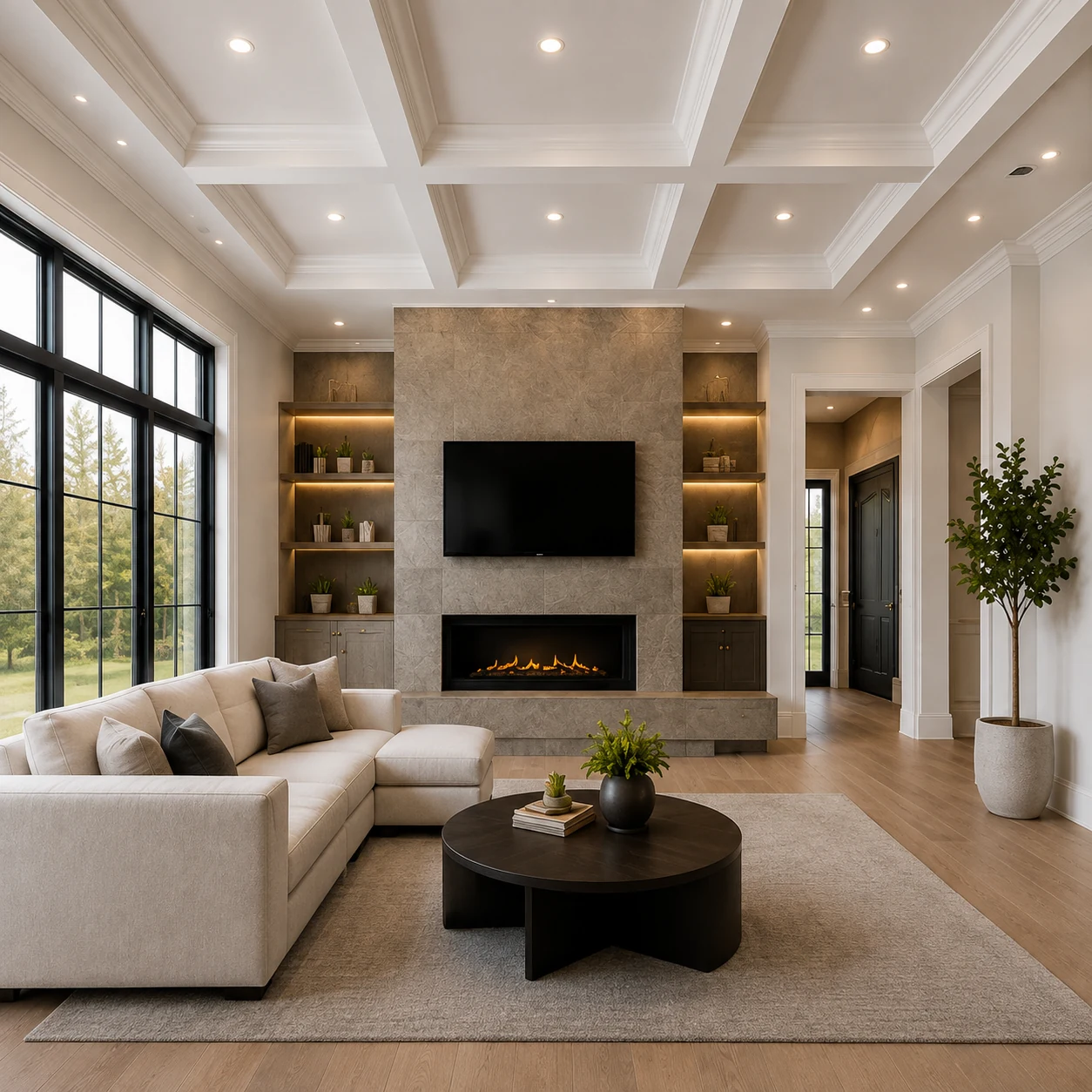 Ceiling painting in a Calgary home with coffered ceiling detail
