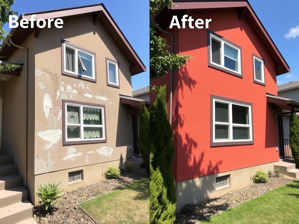 Before and after of professional house painting in Calgary showing dramatic curb appeal improvement Before and after of professional house painting in Calgary showing dramatic curb appeal improvement