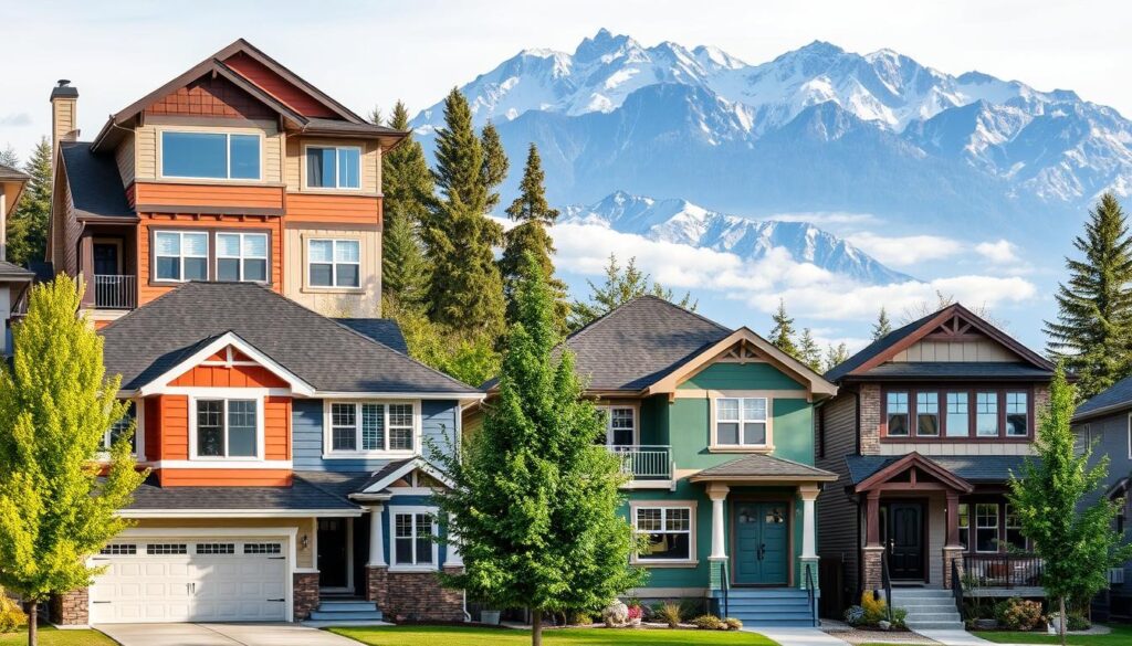 Calgary painted homes showcasing different architectural styles with complementary color schemes Calgary painted homes showcasing different architectural styles with complementary color schemes