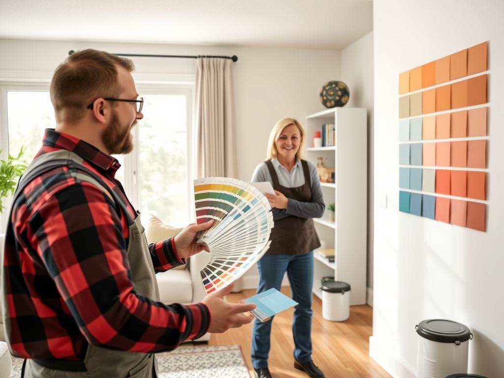 Calgary painter consulting with homeowner about wall painting color options Calgary painter consulting with homeowner about wall painting color options