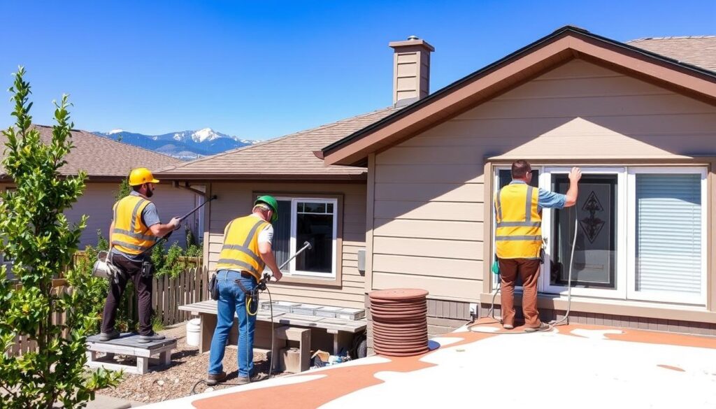 Local Calgary painting professionals working on a residential project with mountain backdrop Local Calgary painting professionals working on a residential project with mountain backdrop
