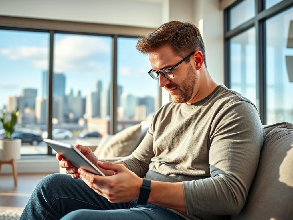 Calgary homeowner reviewing painting contractor testimonials on tablet