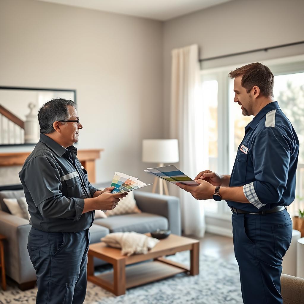 Painter consulting with homeowner in Calgary living room Painter consulting with homeowner in Calgary living room