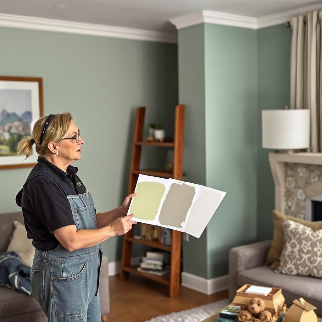 Painter explaining paint types to Calgary homeowner Painter explaining paint types to Calgary homeowner