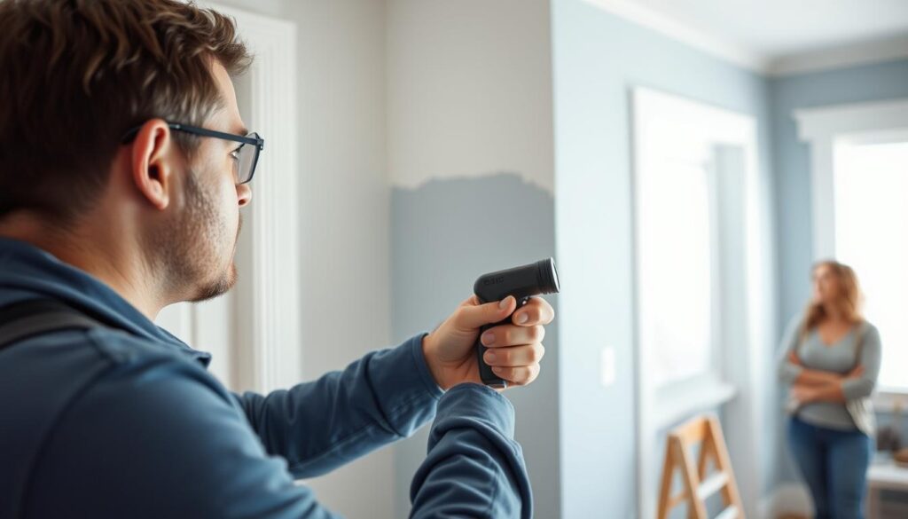 Painter inspecting completed work in Calgary home