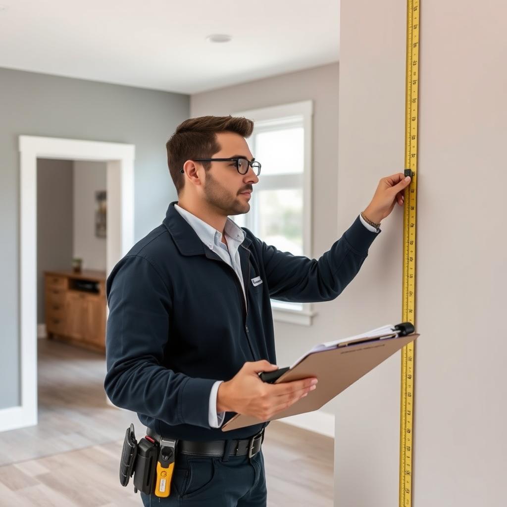 Painter measuring walls for a Calgary painting project Painter measuring walls for a Calgary painting project