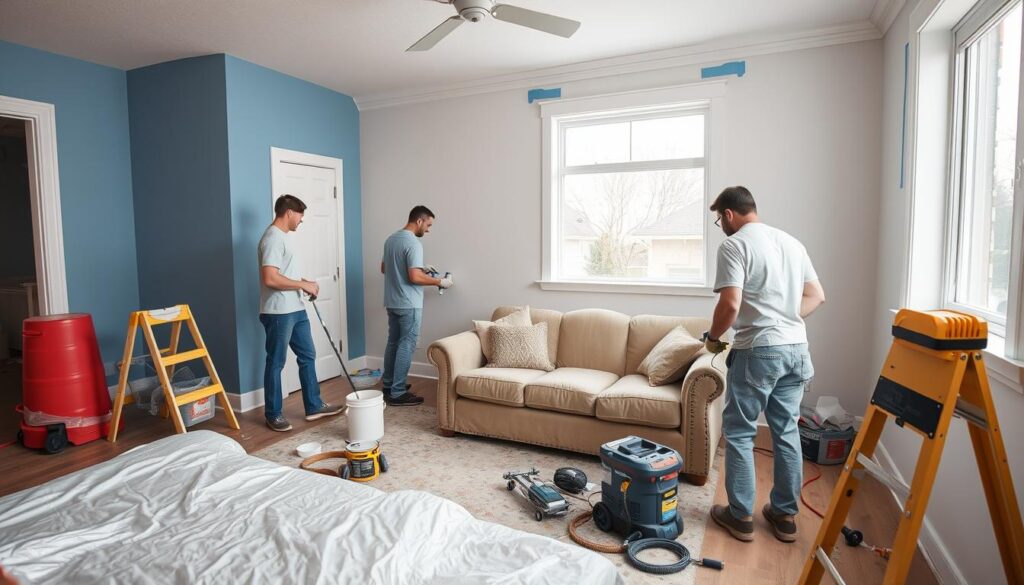 Painters preparing a Calgary home for painting