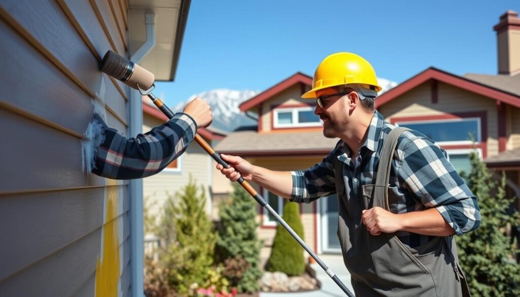 Professional painter applying weather-resistant paint to Calgary home exterior