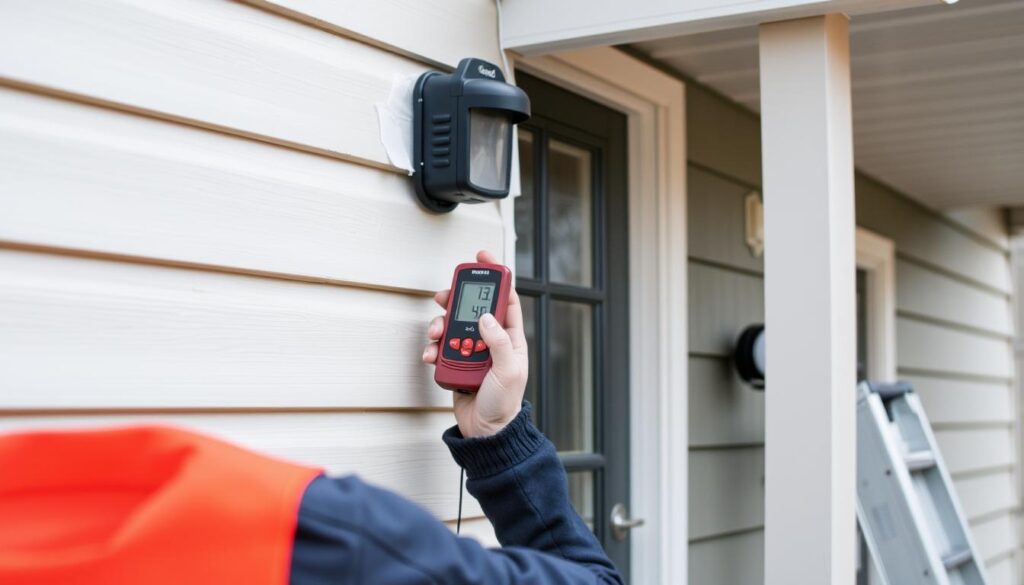 Professional painter checking surface temperature before applying quality paint in Calgary