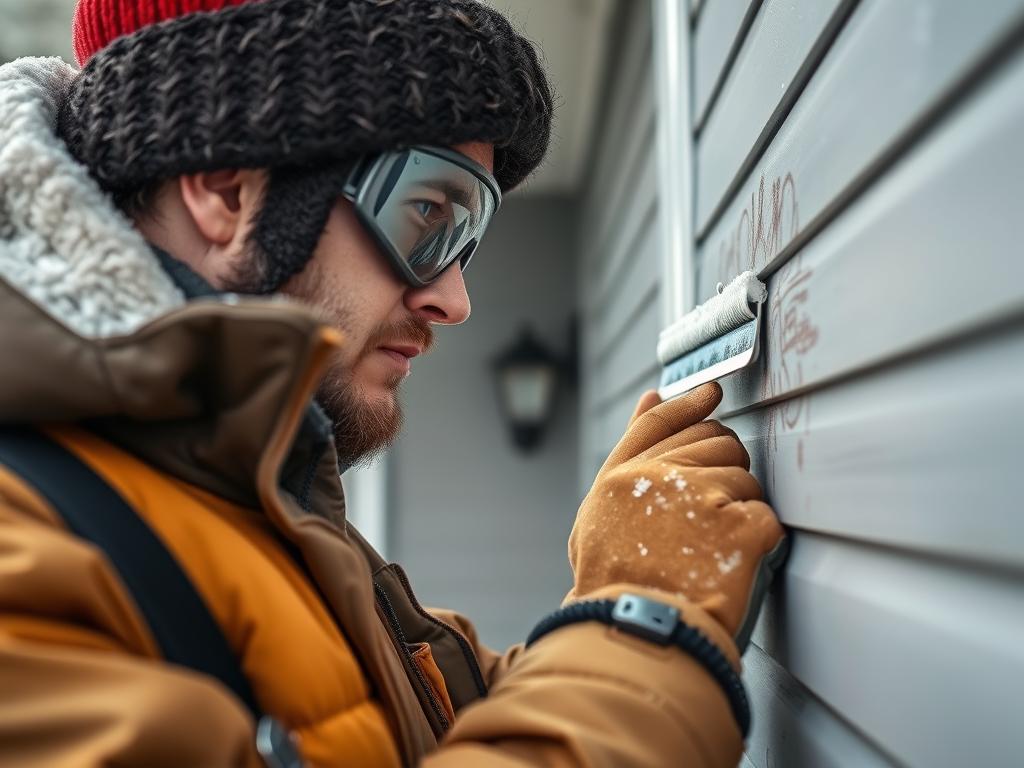 Professional painter examining exterior paint in Calgary winter conditions
