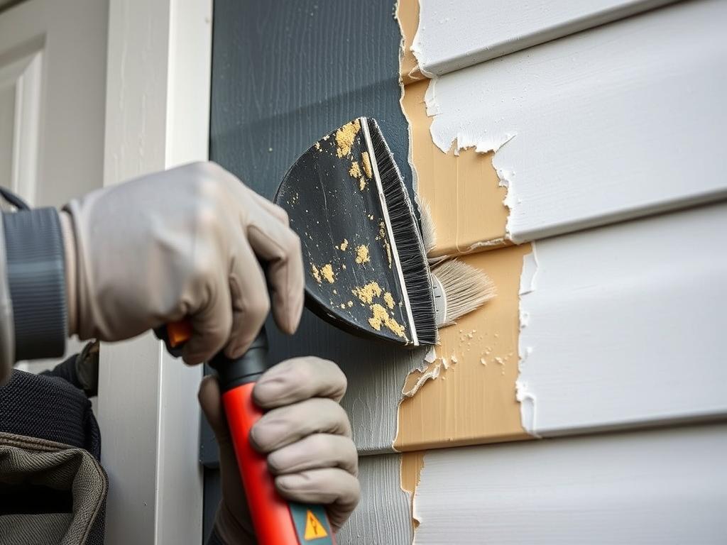 Professional painter repairing peeling paint on Calgary home