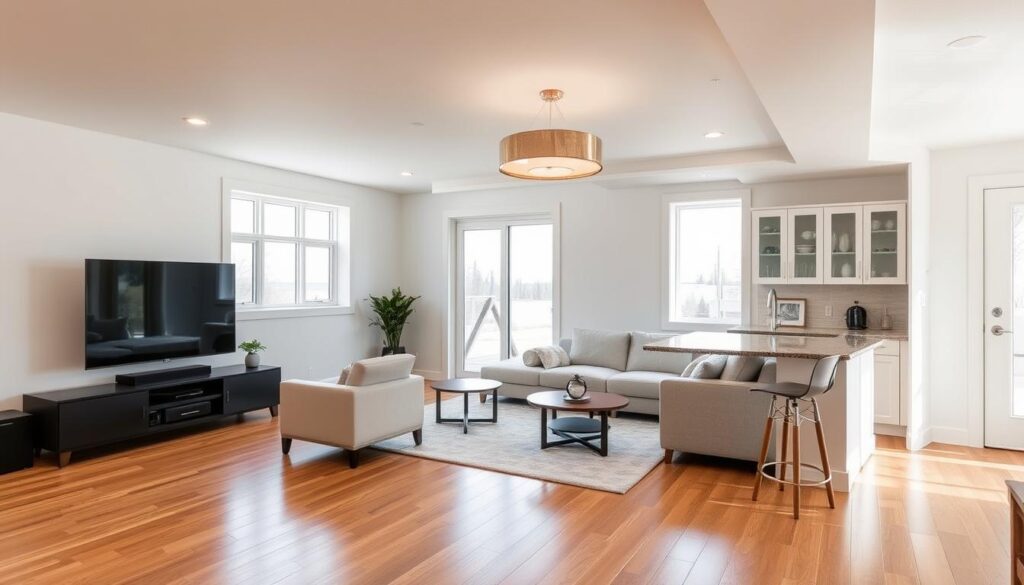 A bright, airy basement renovation in a cozy Calgary home. Warm hardwood floors, crisp white walls, and sleek modern furnishings create a comfortable, inviting space. Large windows flood the room with natural light, casting a soft glow over the open-concept design. A plush sectional sofa and armchair in neutral tones invite relaxation, while a minimalist entertainment center anchors the living area. In the corner, a stylish wet bar with glass-front cabinets and metallic accents adds a touch of sophistication. Recessed lighting and a statement pendant fixture overhead provide ample illumination. The overall atmosphere is one of tranquility and refinement, reflecting the homeowner's desire to maximize the potential of this transformed basement retreat.