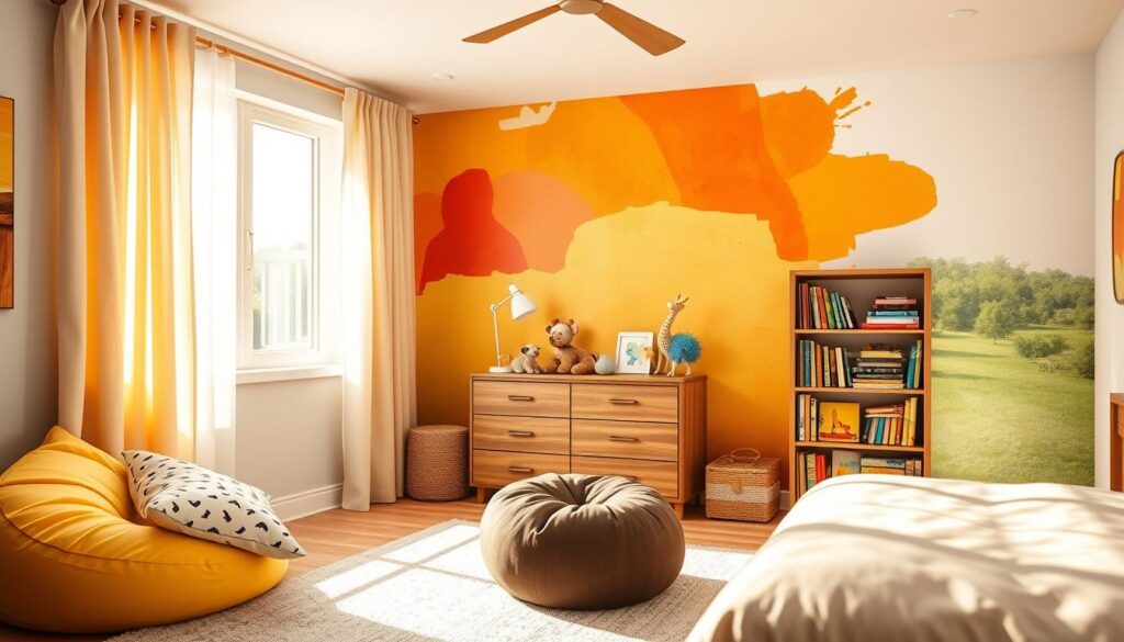 A bright, airy kids' bedroom with natural light filtering through sheer curtains. A vibrant abstract wall mural in warm hues of orange, yellow, and red, creating a playful, imaginative atmosphere. In the foreground, a cozy reading nook with plush pillows and a bean bag chair. Midground features a wooden dresser with whimsical animal figurines, and a bookshelf filled with colorful children's books. The background showcases a large window overlooking a lush, green landscape, providing a serene and calming view. The overall scene exudes a sense of warmth, creativity, and comfort, perfect for a Calgary family's retreat.