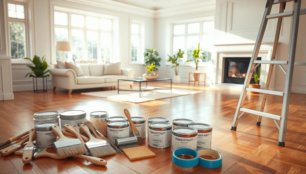 A bright, airy living room with pristine hardwood floors. Sunlight streams in through large windows, casting a warm glow on the scene. In the foreground, an array of painting supplies are neatly arranged - brushes of varying sizes, cans of premium paint in a range of hues, sandpaper, and painter's tape. A step ladder stands ready, its sturdy metal frame gleaming. The middle ground reveals the living room's furnishings - a plush sofa, an ornate coffee table, and potted plants adding pops of verdant color. The background showcases the room's architectural details, from the intricate crown molding to the sleek, modern fireplace. The overall atmosphere is one of focused preparation, with a sense of anticipation for the transformation to come.