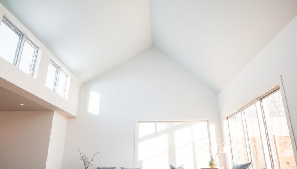 A bright, airy room with a high ceiling in a modern Calgary home. The ceiling is painted in a soft, muted pastel blue tone, creating a soothing and calming atmosphere. Warm, diffused natural light filters in through large windows, casting a gentle glow across the space. The walls are a crisp, clean white, complementing the blue ceiling and creating a sense of openness and airiness. Subtle textures, such as a plush area rug and soft furnishings, add depth and visual interest to the scene. The overall impression is one of tranquility and relaxation, showcasing a contemporary color palette that would be well-suited for a Calgary home.