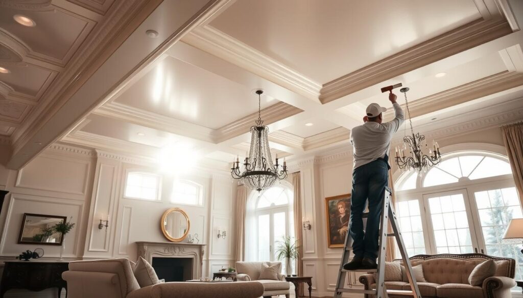 A bright and airy ceiling painting scene in Calgary, Canada. A professional painter stands on a tall ladder, carefully brushing a fresh coat of pristine white paint onto the intricate moldings and high ceilings of a luxurious living room. Sunlight streams in through large windows, casting a warm glow over the scene. The room is spacious and elegant, with ornate chandeliers and plush furniture. The painter's focused expression and meticulous technique convey the expertise and care taken to transform the space. The entire composition exudes a sense of refined craftsmanship and attention to detail, capturing the essence of premium ceiling painting services in Calgary.