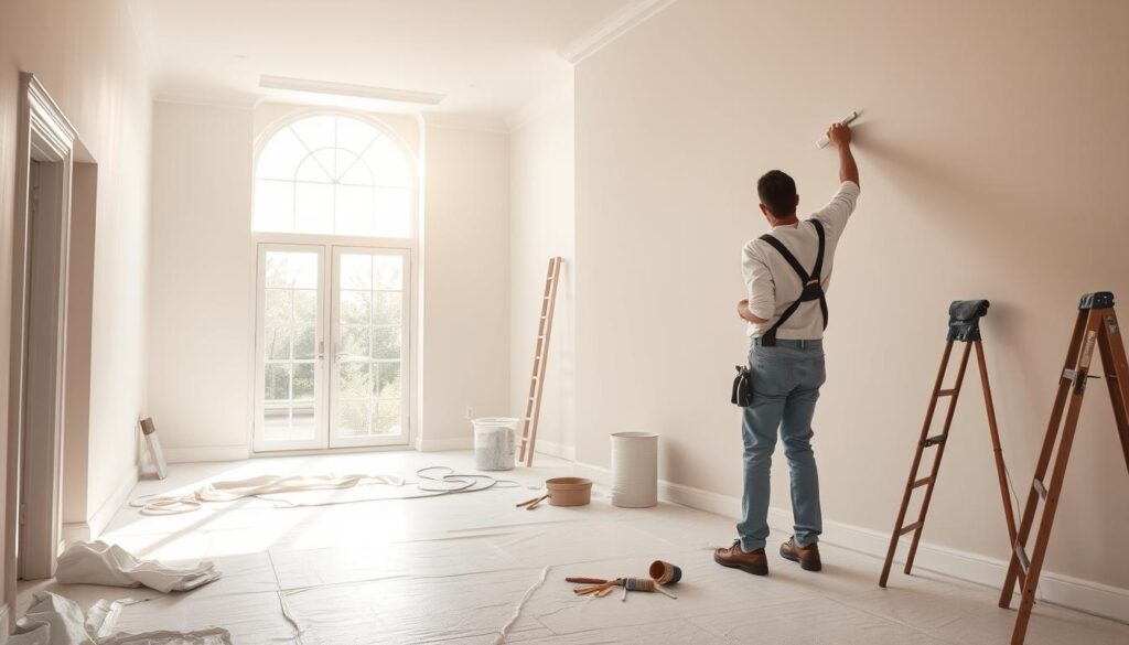 A bright, spacious interior showcasing the art of painting. In the foreground, a professional painter skillfully applies a smooth, even coat of premium paint to a feature wall, capturing the nuances of light and shadow. The middle ground reveals a meticulously prepped workspace, with drop cloths, brushes, and an array of high-quality painting supplies. In the background, a large window floods the room with natural illumination, casting a warm, inviting glow and highlighting the crisp, clean lines of the architectural elements. The overall scene exudes a sense of expertise, precision, and the pride of a job well done, perfectly embodying the "Interior Painting Excellence" theme.