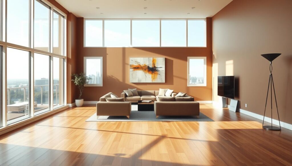 A bright, spacious living room in a modern Calgary home, flooded with natural light from large windows overlooking the city skyline. The walls are painted in a rich, earthy tone that complements the polished hardwood floors and sleek, minimalist furniture. A statement piece of abstract art hangs prominently, casting dynamic shadows across the room. Soft, diffused lighting from recessed ceiling fixtures and a stylish floor lamp creates a warm, inviting atmosphere. The overall scene exudes a sense of calm sophistication, perfectly suited for Calgary's climate and design sensibilities.