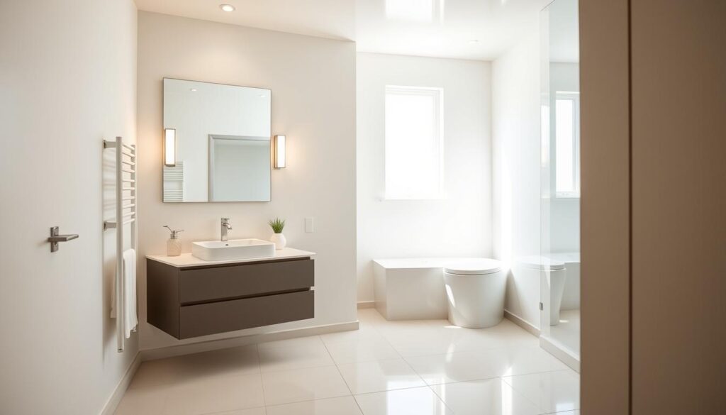 A brightly lit bathroom interior, the walls freshly painted in a crisp, water-resistant finish. Gleaming tile floors, a sleek vanity with a modern sink, and a large mirror reflecting the space. Crisp, clean lines, with a sense of order and attention to detail. Warm, diffused lighting illuminates the scene, casting a soft, inviting glow. The atmosphere is serene, with a focus on the preparation and care taken to create a welcoming, humidity-resistant environment. The image should convey a sense of professionalism, attention to detail, and the importance of proper bathroom preparation before painting in Calgary's humid climate.