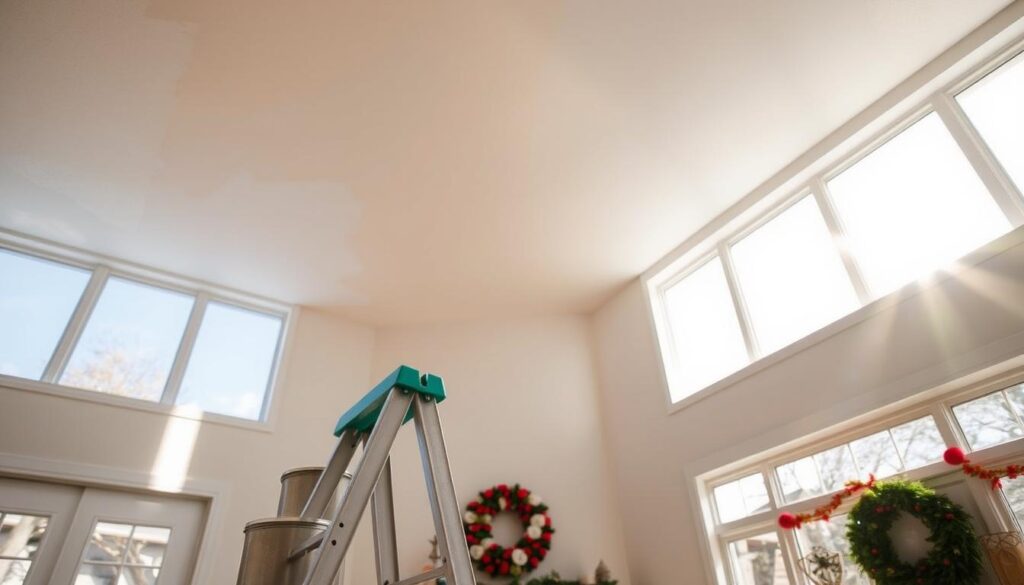 A brightly lit interior with a high-ceilinged room, showcasing the seasonal considerations for painting the ceiling. The foreground features a ladder, paint cans, and brushes, hinting at the ongoing painting process. The middle ground captures the room's architecture, with large windows letting in natural light that casts dynamic shadows across the ceiling. In the background, vibrant seasonal decor, such as a wreath or garland, suggests the optimal time for this project. The overall scene conveys a sense of warmth, productivity, and attention to detail, reflecting the expertise required for expert ceiling painting in Calgary.