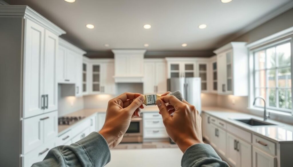 A brightly lit, modern kitchen interior with fresh white cabinets being carefully painted by a skilled cabinet painting technician. The foreground shows the painter's hands meticulously applying a smooth, even coat of paint with a high-quality brush. The middle ground reveals the progress of the paint job, with some cabinets already finished in a crisp, glossy white. The background showcases the full kitchen layout, highlighting the transformation from dated to refreshed. The scene conveys a sense of professionalism, attention to detail, and the exciting reveal of a kitchen's renewed appearance. Captured with a wide-angle lens to provide a comprehensive view, the image has a hyper-realistic, high-definition quality.