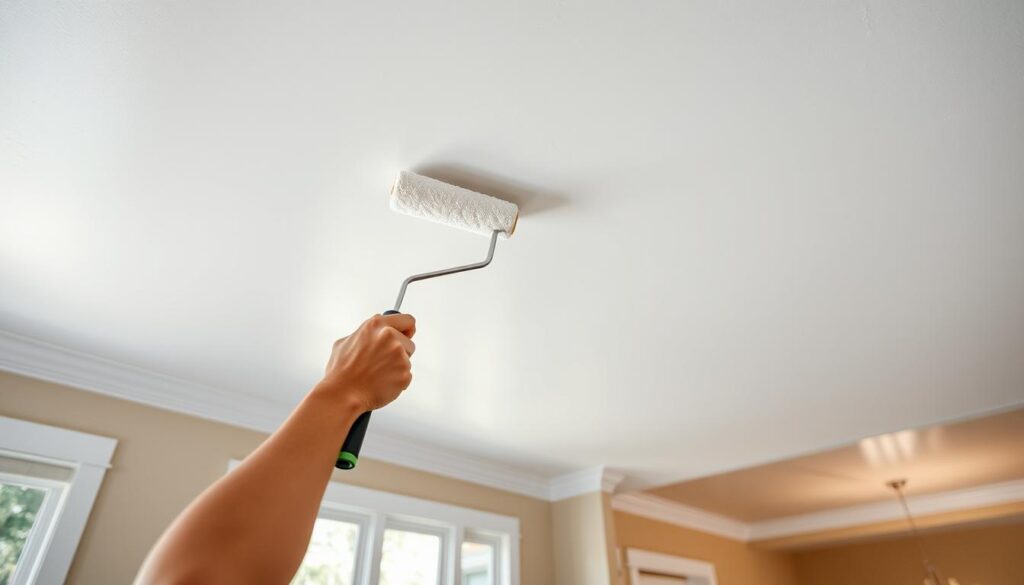 A brightly lit, photorealistic interior scene showcasing a Calgary home's ceiling being painted. In the foreground, a skilled painter carefully applies a smooth, even coat of white paint using a high-quality roller, their movements precise and methodical. The middle ground reveals the partially painted ceiling, the fresh paint glistening under the warm, diffused lighting from large windows. In the background, the rest of the unpainted ceiling is visible, providing context and a sense of the full scale of the project. The atmosphere is one of focused professionalism, with a clean, organized workspace and a sense of progress and transformation. The image conveys the expertise and care required to properly address common ceiling problems and achieve a flawless, luminous finish.