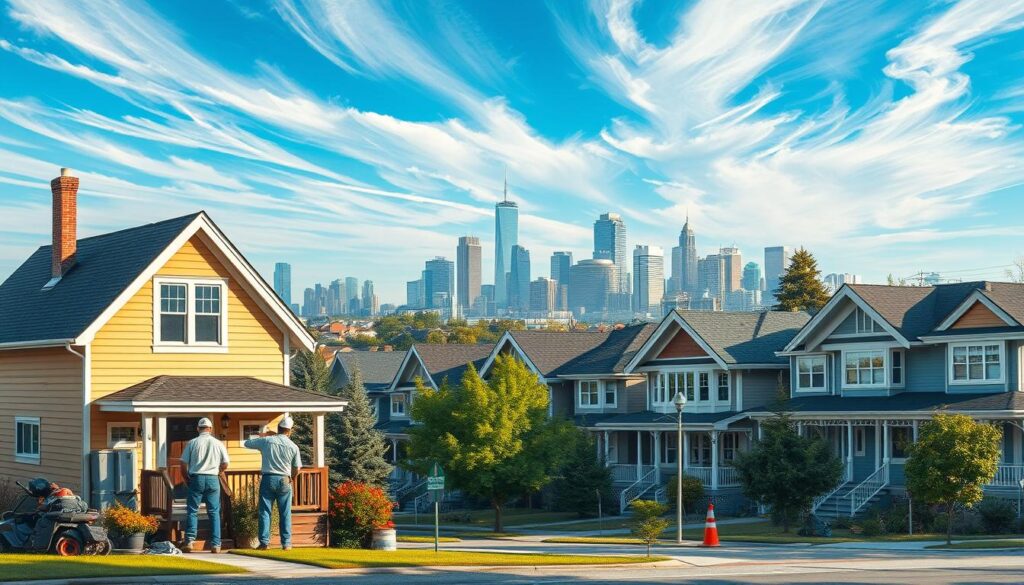A bustling Calgary neighborhood, captured in a hyper-realistic painting. In the foreground, a team of skilled painters meticulously applying brushstrokes to the exterior of a charming two-story home, their movements fluid and precise. The mid-ground features a row of well-maintained houses, each with its own unique architectural style, bathed in warm, natural light. In the background, the iconic Calgary skyline rises, a blend of modern high-rises and historical landmarks, set against a vibrant blue sky with wispy clouds. The overall scene conveys a sense of community, professionalism, and the pride of a city that takes its painting services seriously.
