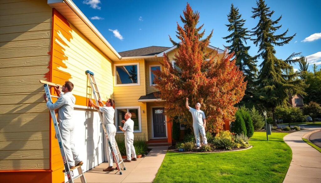 A bustling Calgary painting company, its workers dressed in crisp white overalls, meticulously applying vibrant coats of paint to the exterior of a modern two-story home. The sun casts a warm glow, highlighting the textured brushstrokes as they glide across the walls. In the foreground, a ladder leans against the building, while in the middle ground, a pair of painters carefully navigate the trim and corners. The background features a picturesque neighborhood, with neatly manicured lawns and towering trees swaying gently in the breeze. The scene conveys a sense of professionalism, efficiency, and the pride of a job well done.