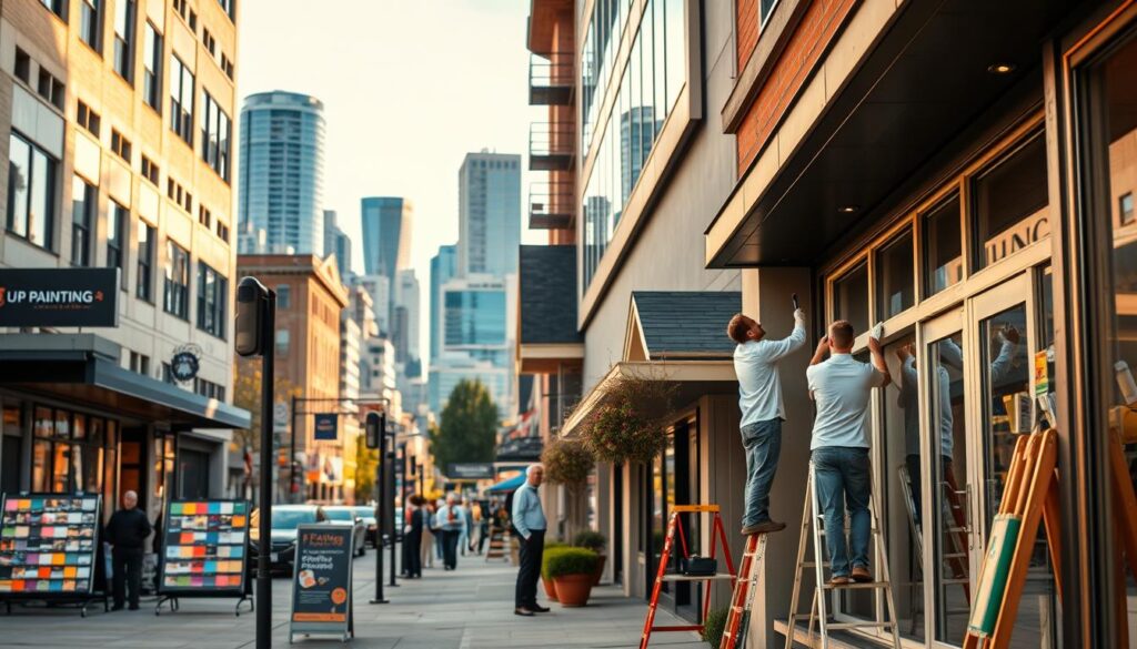 A bustling city street in Calgary, Alberta, with a series of professional painting companies showcasing their services. In the foreground, a modern, well-appointed storefront displays an array of paint samples and color palettes, inviting passersby to explore their options. The middle ground features several workers in crisp uniforms, carefully applying paint to the exterior of a freshly renovated home, capturing the precision and attention to detail of their craft. In the background, the skyline of downtown Calgary rises, a testament to the city's vibrant urban landscape. The scene is bathed in warm, natural lighting, creating a sense of professionalism and expertise that embodies the spirit of Calgary's premier painting services.
