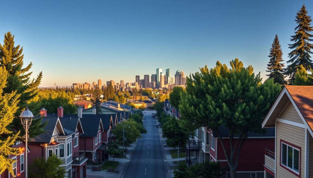 A bustling cityscape of Calgary's vibrant neighborhoods, captured through the lens of a high-resolution, wide-angle camera. In the foreground, rows of charming houses and apartment buildings, their exterior walls adorned with a fresh, uniform coat of expertly applied paint, reflecting the warm glow of the afternoon sun. In the middle ground, lush greenery and towering trees line the streets, casting gentle shadows on the well-maintained sidewalks and driveways. In the background, the iconic skyline of downtown Calgary rises, its gleaming skyscrapers and office towers standing tall against a crisp, blue sky. The scene conveys a sense of community, pride, and the skilled craftsmanship of a professional painting company serving these thriving neighborhoods.