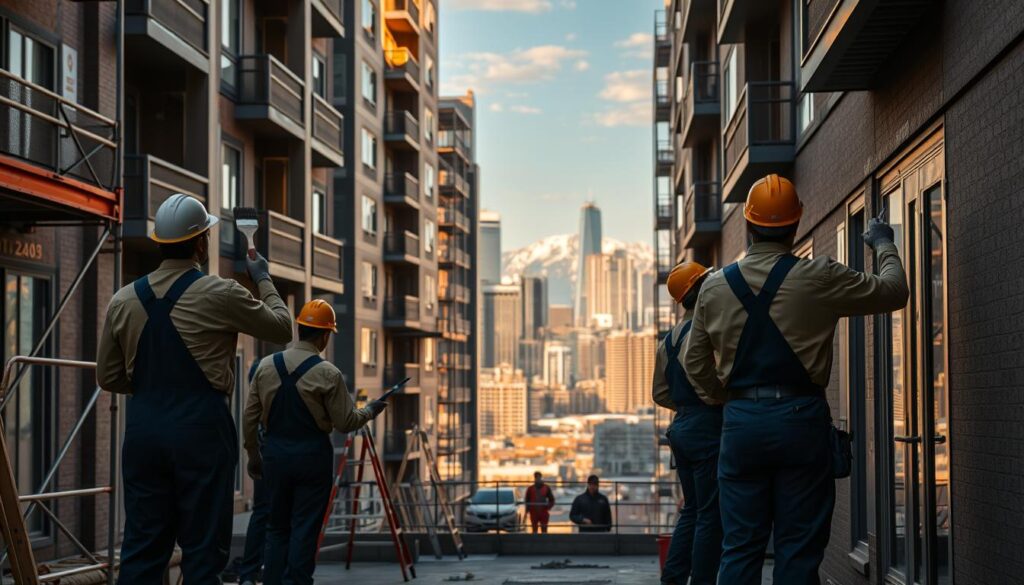 A bustling construction site in downtown Calgary, Canada. In the foreground, a team of professional painters, dressed in their signature overalls and hard hats, carefully apply high-quality paint to the exterior of a newly renovated apartment building. The brushstrokes are smooth and precise, their movements choreographed with years of experience. In the middle ground, scaffolding and ladders provide access to the upper floors, while the background reveals the iconic skyline of Calgary, with its towering skyscrapers and the majestic Rocky Mountains in the distance. The lighting is warm and natural, casting a golden glow over the scene, conveying a sense of professionalism and attention to detail. The mood is one of efficiency and expertise, as the painters seamlessly collaborate to transform the building's appearance.