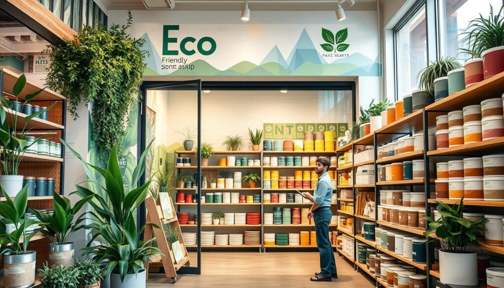 A bustling eco-friendly paint store in downtown Calgary, its storefront adorned with lush green plants and a vibrant mural showcasing sustainable paint options. The interior is well-lit, with shelves brimming with an array of low-VOC, plant-based paints in a spectrum of earthy tones. A helpful staff member stands ready to assist customers, guiding them through the selection process. The scene conveys a sense of environmental consciousness and a commitment to providing the community with responsible painting solutions. The image is hyper-realistic, capturing the store's inviting atmosphere and the attention to detail that makes it a go-to destination for eco-conscious Calgary homeowners.
