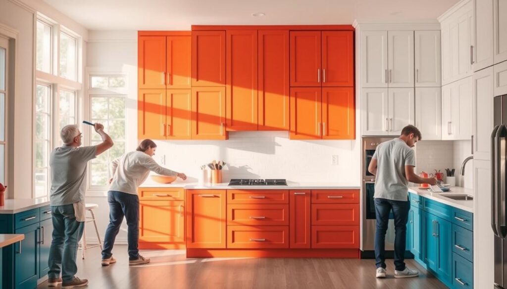 A cabinet painting service in Calgary, set in a bright and airy kitchen. In the foreground, a team of skilled painters carefully brushing vibrant paint onto the cabinet doors, their movements precise and efficient. The middle ground showcases the transformation, with freshly painted cabinets gleaming in a warm, natural light that filters in from large windows. In the background, a modern kitchen layout with sleek appliances and a minimalist design, creating a cohesive and visually stunning space. The lighting is soft and evenly distributed, emphasizing the high-quality craftsmanship and attention to detail. The overall atmosphere is one of professionalism, care, and a commitment to delivering a flawless kitchen cabinet painting service in Calgary.