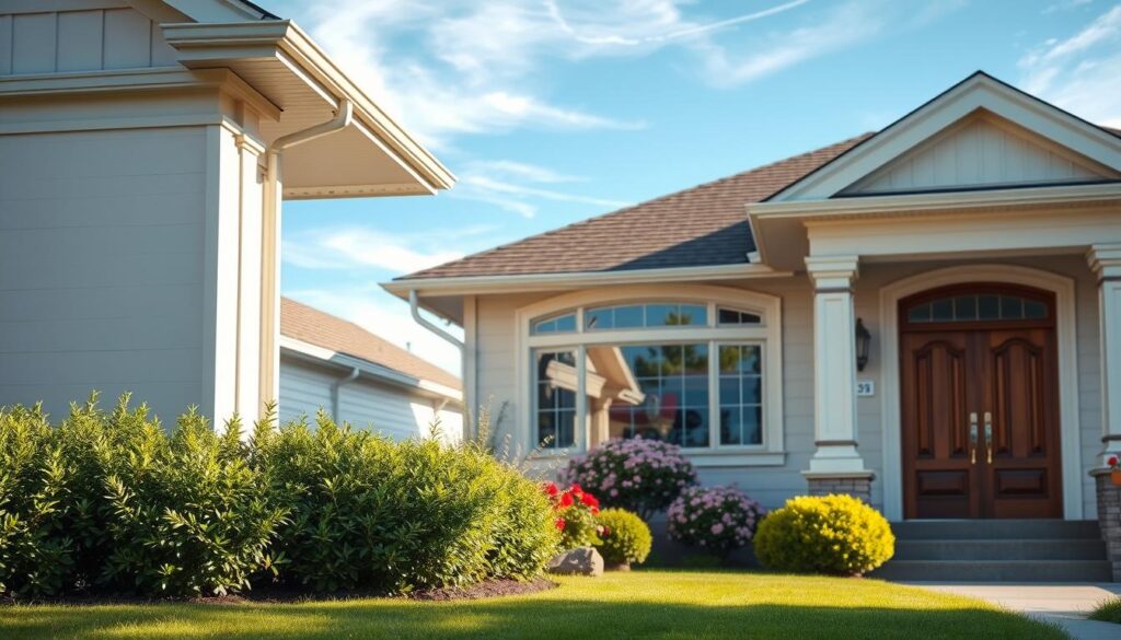 A captivating, hyper-realistic image of a well-maintained Calgary home, its exterior shimmering under soft, diffused natural lighting. The foreground showcases a freshly painted, pristine facade with intricate architectural details - a sturdy wooden door, decorative trims, and a neatly trimmed lawn. The middle ground features a lush, verdant garden with vibrant flowers and well-tended shrubs, creating a welcoming atmosphere. In the background, a clear blue sky with wispy clouds sets the tranquil, serene mood. The image conveys a sense of pride, diligence, and the importance of preserving the home's exterior to protect one's investment.