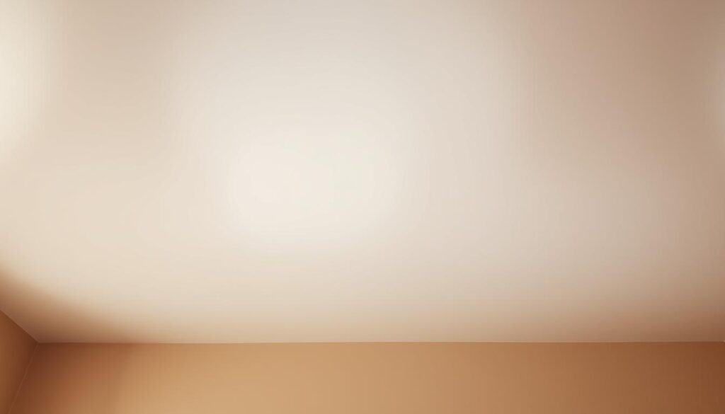 A ceiling in a well-lit, airy room, the paint gleaming in a soft, natural light. The surface is smooth, flawless, and free of blemishes, with a subtle sheen that reflects the surroundings. The color is a warm, muted tone, perhaps a soft beige or a pale blue, creating a calming and inviting atmosphere. The edges are cleanly painted, with no visible brush strokes or uneven coverage. The overall composition is balanced and harmonious, with the ceiling serving as the focal point and the walls and other elements in the room complementing its appearance.