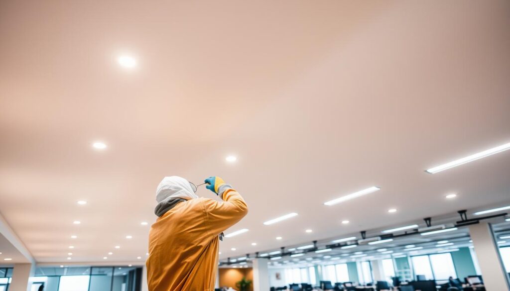 A commercial ceiling in a Calgary office, illuminated by bright, evenly-distributed recessed lighting. The smooth, pristine white ceiling extends across the frame, highlighting the sleek, contemporary architectural design. The lighting casts a warm, inviting glow, creating a professional, yet comfortable atmosphere. In the foreground, a worker in a protective suit carefully applies a fresh coat of paint, using long, even strokes to ensure a flawless finish. The middle ground showcases the attention to detail, with clean edges and a seamless transition between the wall and ceiling. The background features the bustling activity of the commercial space, with the hints of office furniture and equipment visible, suggesting a productive, efficient work environment.