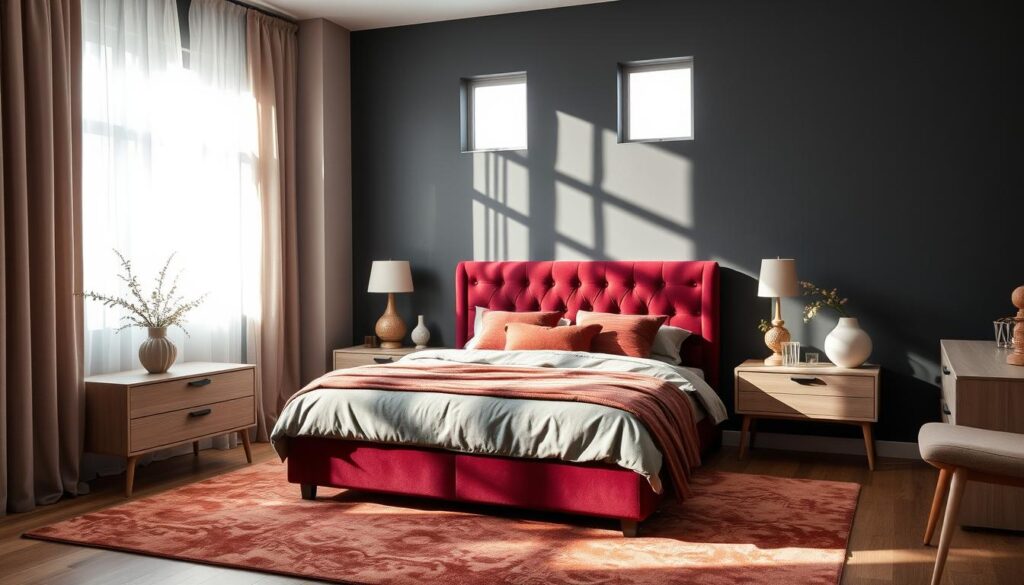 A cozy Calgary bedroom awash in the warm, earthy tones of 2023 color trends. Sunlight filters through sheer curtains, casting a soft, natural glow over a plush, tufted headboard in a rich burgundy hue. Delicate botanical accents in muted greens and ochres adorn the nightstands, complementing the moody charcoal gray walls. Sleek, modern furniture in pale wood tones grounds the space, while a sumptuous area rug in muted rust and terracotta tones pulls the palette together. An overall sense of organic sophistication and serene comfort pervades the scene, capturing the essence of contemporary Calgary bedroom design.