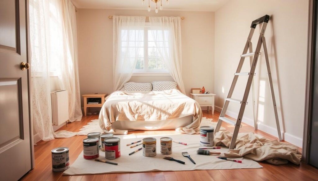 A cozy Calgary bedroom, bathed in warm natural light filtering through lace curtains. On the floor, paint cans, brushes, and drop cloths are meticulously arranged, ready for the transformation. The walls, in a neutral tone, await the fresh coat that will breathe new life into the space. A step ladder stands nearby, its sturdy frame hinting at the care and attention that will be lavished on every corner. The atmosphere is one of anticipation, a sense of possibility lingering in the air as the room prepares to be reborn, its true potential waiting to be unleashed.
