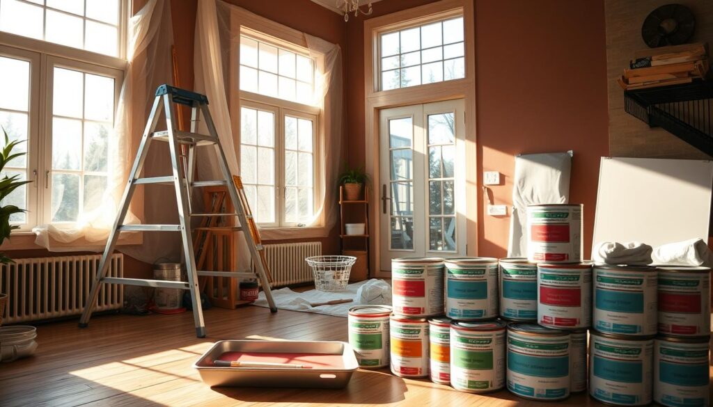A cozy Calgary home, its walls adorned with protective tarps, paint trays, and brushes at the ready. Sunlight streams in through large windows, casting a warm glow over the carefully prepared space. In the foreground, a step ladder stands beside a tray of eco-friendly paint, its vibrant hues reflecting the homeowner's commitment to sustainable living. The mid-ground showcases neatly stacked paint cans, each labeled with their distinct shades, awaiting application. In the background, a well-organized workspace with drop cloths and cleaning supplies hints at the meticulous preparation for this transformative painting project.