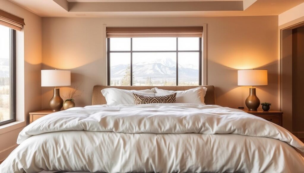 A cozy and inviting guest bedroom in a modern Calgary home, bathed in soft, warm lighting. The walls are painted in a soothing neutral palette, with hints of earthy tones and natural textures to create a calming ambiance. A plush, oversized bed with crisp white linens and a selection of plush pillows dominates the foreground, while a pair of nightstands with minimalist lamps flank the bed. In the background, a large window offers a picturesque view of the Rocky Mountains, creating a seamless connection between the interior and the stunning natural landscape outside. The overall scene exudes a sense of tranquility and hospitality, perfectly suited for a relaxing retreat in Calgary.