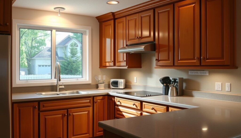 A cozy and inviting kitchen with freshly refinished wooden cabinets in a warm, earthy tone. The cabinets have a smooth, satin finish, with intricate details and clean lines. Soft, diffused lighting illuminates the space, creating a welcoming ambiance. The countertops gleam with a polished surface, complementing the cabinet hues. In the background, a window offers a glimpse of a vibrant, tree-lined Calgary neighborhood, reflecting the transformation from the previous state. The image captures the essence of a kitchen reborn, exuding a sense of pride and satisfaction in the homeowner's renovation.