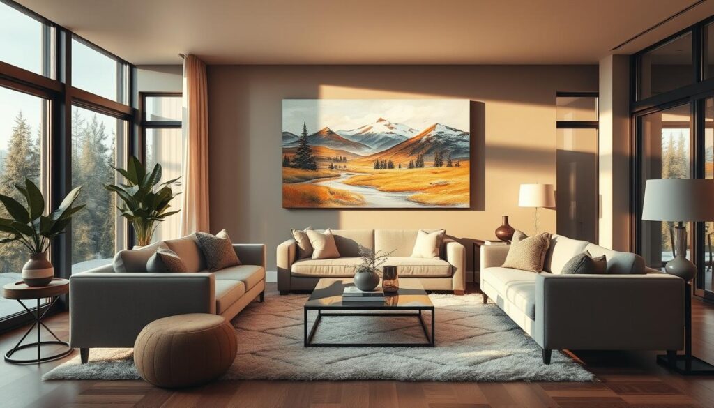 A cozy and inviting living room, bathed in warm, golden light filtering through large windows. Elegant, modern furniture arranged in a harmonious layout, accentuated by a striking, impressionistic landscape painting on the feature wall. The painting's brushstrokes come alive, capturing the vibrant colors and textures of a scenic Alberta landscape. Soft, plush rugs and decor elements blend seamlessly, creating a sense of refined sophistication. The scene is photographed from a slightly elevated angle, using a wide-angle lens to showcase the room's depth and proportions. The overall mood is one of tranquility, comfort, and artistic inspiration.