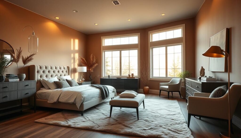 A cozy and inviting master bedroom in a Calgary retreat, bathed in warm, natural light streaming through large windows. The walls are painted in a soothing, earthy tone, creating a calming ambiance. Elegant, mid-century inspired furniture, including a plush, tufted king-size bed with crisp, white linens, a sleek dresser, and a comfortable armchair, are positioned thoughtfully. Soft, textured throw pillows and a luxurious area rug add depth and visual interest. Potted plants and artfully placed decor pieces, such as a small sculpture or abstract painting, accentuate the room's refined, yet inviting atmosphere. The lighting is a mix of subtle, recessed ceiling fixtures and a modern, metallic floor lamp, casting a warm glow throughout the space. The overall scene is hyper-realistic, with meticulous attention to detail, creating a tranquil and visually striking master bedroom.