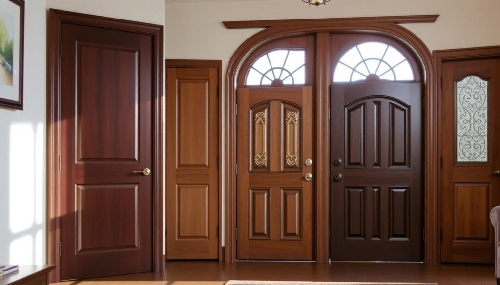 A cozy and well-lit Calgary interior showcasing a variety of premium quality wooden doors. In the foreground, a sleek, modern flush door in a rich mahogany tone stands elegantly. Behind it, a classic paneled door in a warm oak finish, complementing the neutral-toned walls. In the middle ground, a striking double-door entrance featuring intricate carvings and a glossy lacquer finish. The background reveals a stunning arched entryway with an ornate, glass-paned door that bathes the space in natural light. The scene radiates a harmonious blend of timeless elegance and contemporary sophistication, capturing the essence of Calgary's refined residential door design.