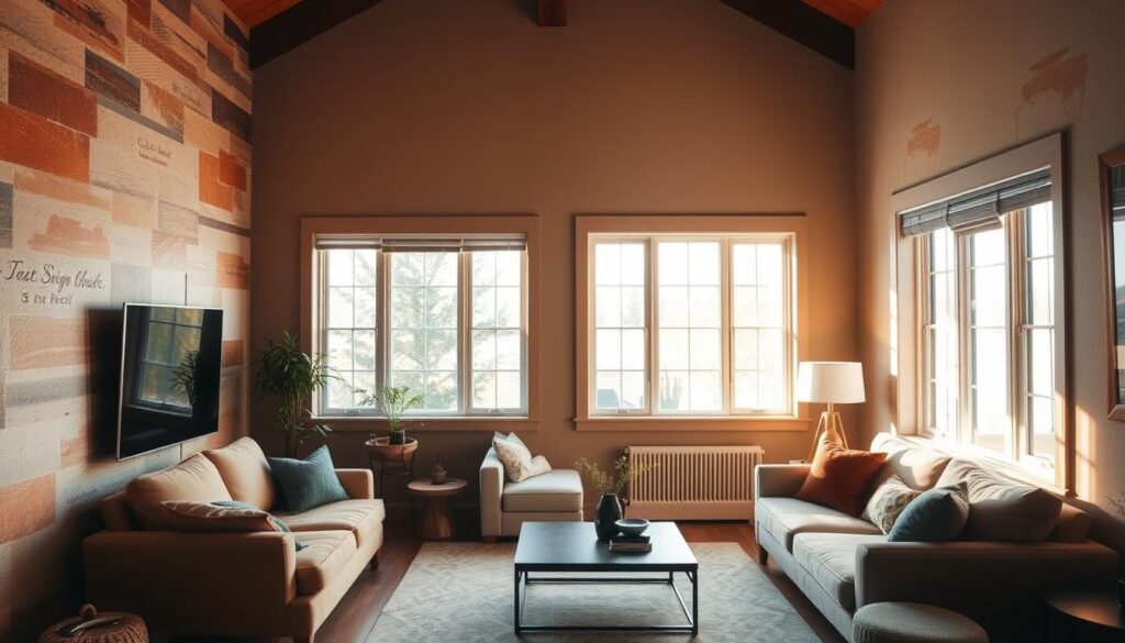 A cozy living room filled with warm, natural light streaming through large windows. The walls are adorned with a variety of painting techniques, including textured brushstrokes, sponge-painted patterns, and delicate sponge-blended gradients. A mix of earthy tones, such as ochre, terracotta, and muted greens, create a calming and inviting atmosphere. The furniture, like a plush sofa and armchair, are arranged to encourage relaxation and conversation. The overall scene radiates a sense of tranquility and sophistication, showcasing the versatility of living room painting techniques in Calgary.