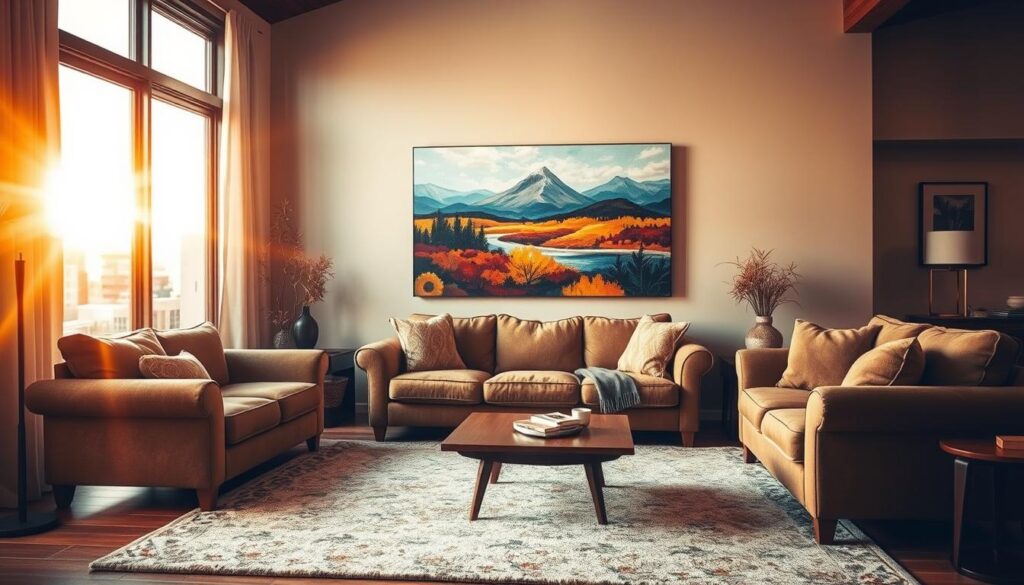 A cozy living room in Calgary, Canada, bathed in warm, golden light filtering through large windows. The room features a plush, earthy-toned sofa and armchair arrangement, accented by a soft, patterned rug and a wooden coffee table. In the foreground, a vibrant, abstract landscape painting hangs on the wall, capturing the essence of the changing seasons. The composition is balanced, with the painting's colors and brushstrokes complementing the room's decor. The lighting creates a harmonious and inviting atmosphere, reflecting the seasonal considerations of Calgary's climate.
