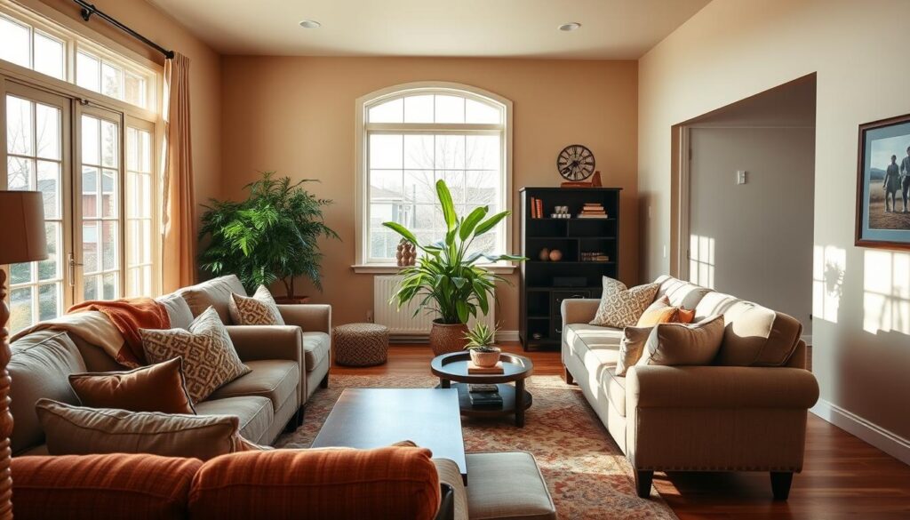 A cozy living room with warm, natural lighting filtering through large windows, showcasing a well-maintained painted wall in a soothing, neutral tone. The foreground features a plush, inviting sofa and armchair arrangement, complemented by a wooden coffee table and coordinating decor elements. The middle ground showcases a vibrant, lush potted plant adding a touch of greenery, while the background reveals a tastefully decorated bookshelf and artwork, creating a harmonious and visually pleasing scene. The entire room exudes a sense of relaxation and comfort, perfectly capturing the essence of a well-maintained painted living space in Calgary's climate.