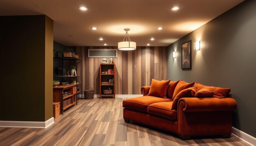 A cozy, well-lit basement with a warm, inviting color palette. The foreground features rich earth tones, including a deep olive green accent wall and a plush, velvety rust-colored sofa. The middle ground showcases a mix of natural wood tones, from the rustic shelving unit to the aged hardwood floors. In the background, hints of a calming, muted blue-gray hue create a serene, grounding atmosphere, enhanced by soft, diffused lighting from a central pendant fixture. The overall effect is a harmonious, balanced palette that evokes a sense of comfort and relaxation, perfect for a basement retreat.