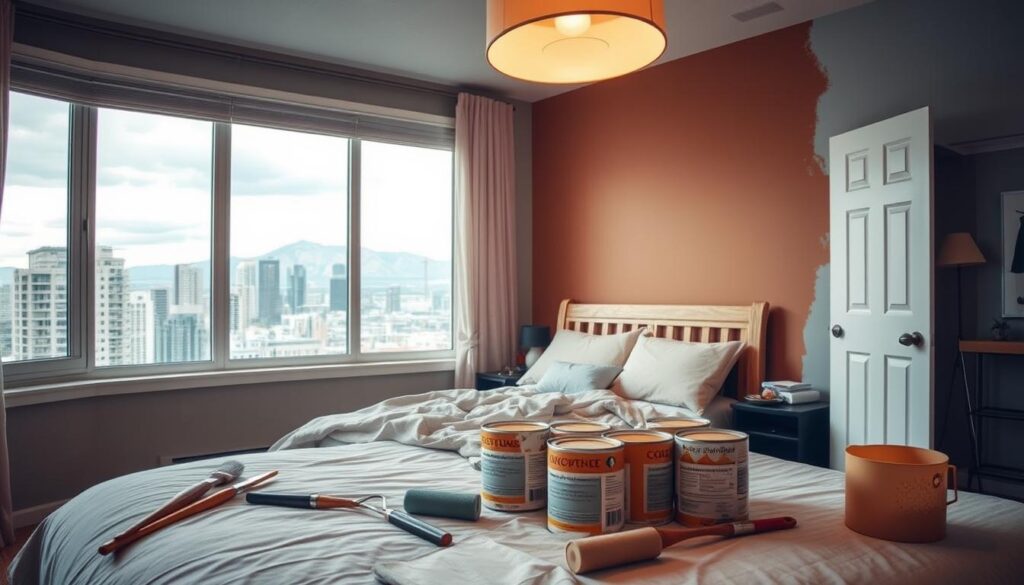 A cozy, well-lit bedroom in Calgary, Alberta, showcasing a DIY painting project. The foreground features an array of painting supplies, including brushes, rollers, and cans of paint in hues of warm neutrals and soft blues, reflecting the region's cool climate. The middle ground highlights the partially painted walls, revealing the transformation from a dull, outdated shade to a fresh, inviting color palette. In the background, large windows offer a glimpse of the city's skyline, with a hint of the Rocky Mountains in the distance, emphasizing the urban-nature contrast. The lighting is a combination of natural daylight and warm, diffused overhead illumination, creating a harmonious and soothing atmosphere. The overall scene conveys a sense of accomplishment and the joy of personalizing one's living space, while considering the unique challenges of the Calgary climate.